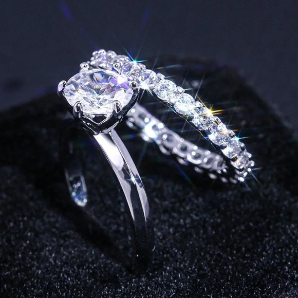 🎀 Beautiful 925 Silver Plated 2 Pcs CZ Wedding Ring, FB16FA1067 - Picture 6 of 7